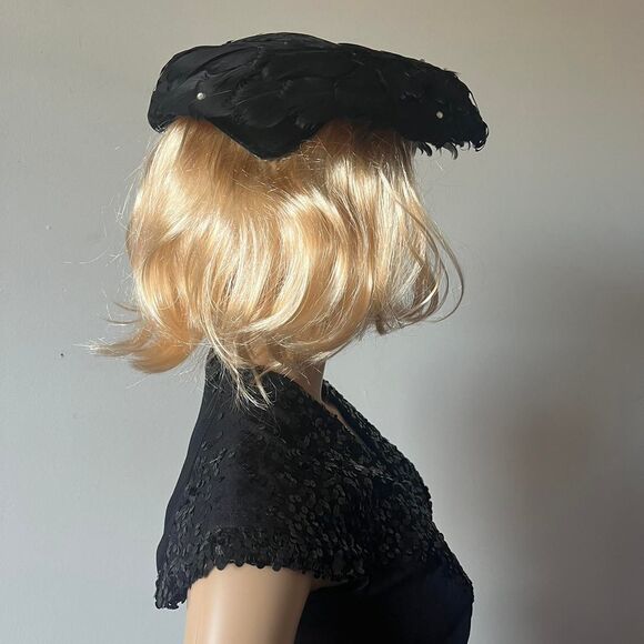Vintage Black Feather Saucer Wide Brim Hat Under-Hat 40s 50s Rhinestone Crystals main image 5